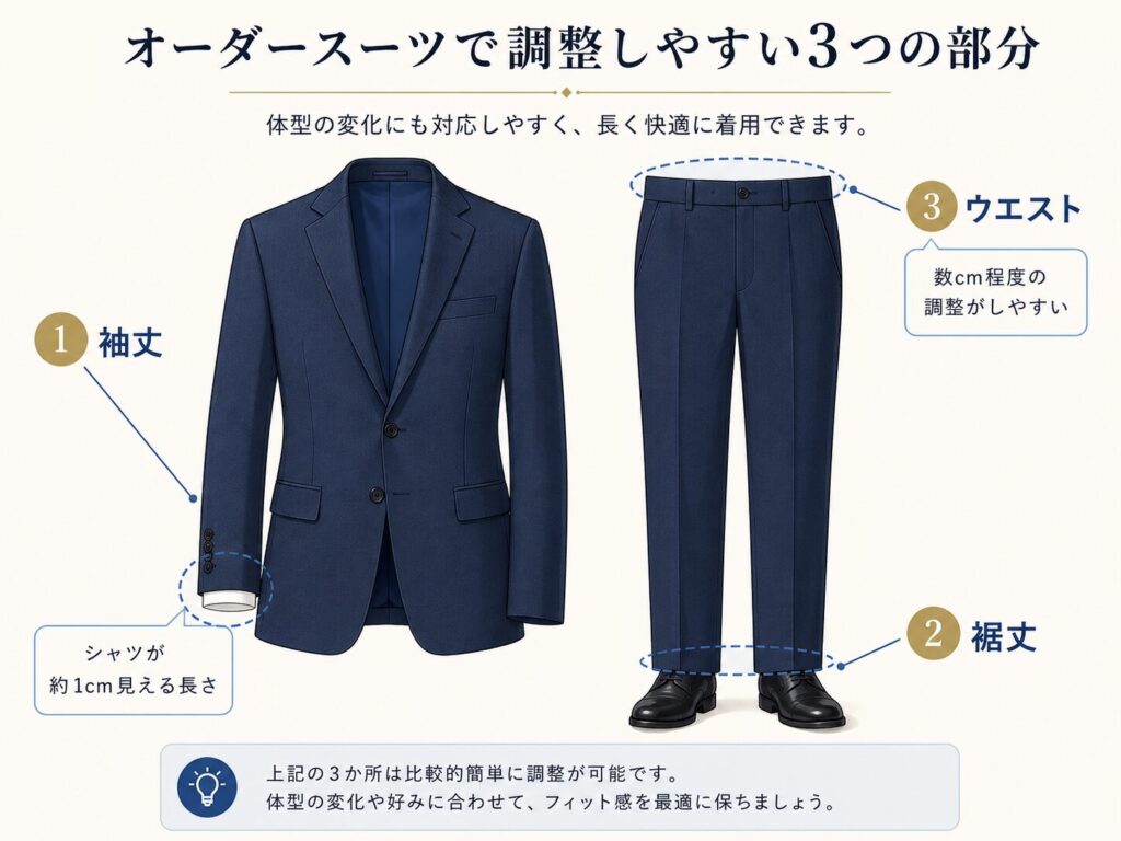 オーダースーツで調整しやすい３つの部分
